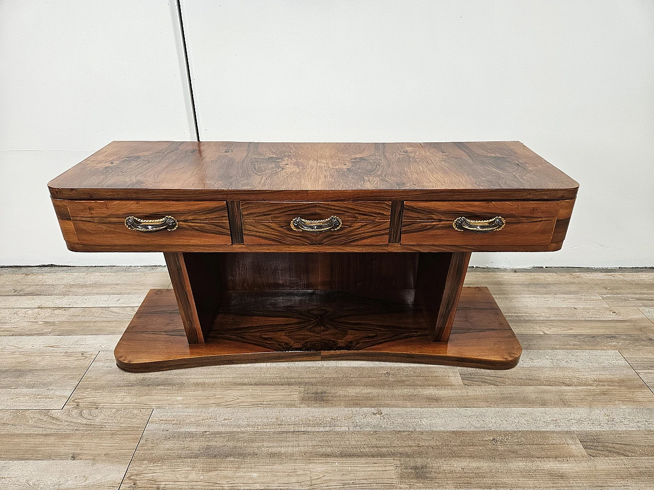 Art Deco briarwood console table with three drawers, 1930s 2