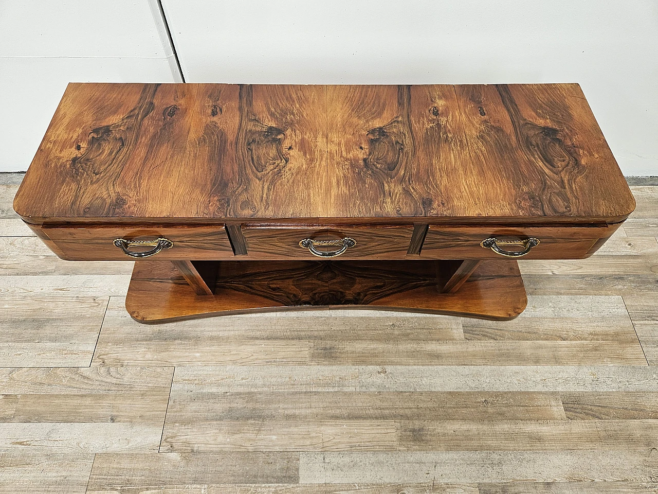 Art Deco briarwood console table with three drawers, 1930s 3