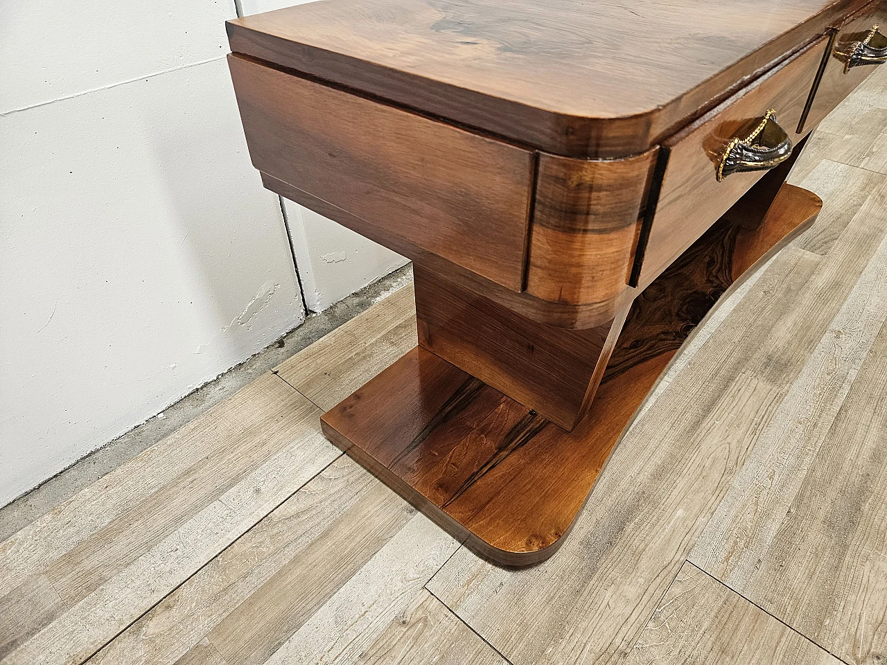 Art Deco briarwood console table with three drawers, 1930s 4