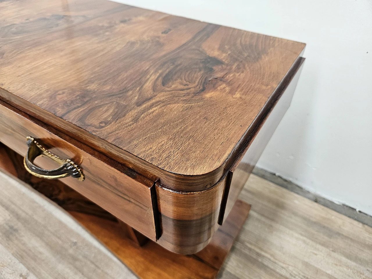 Art Deco briarwood console table with three drawers, 1930s 7