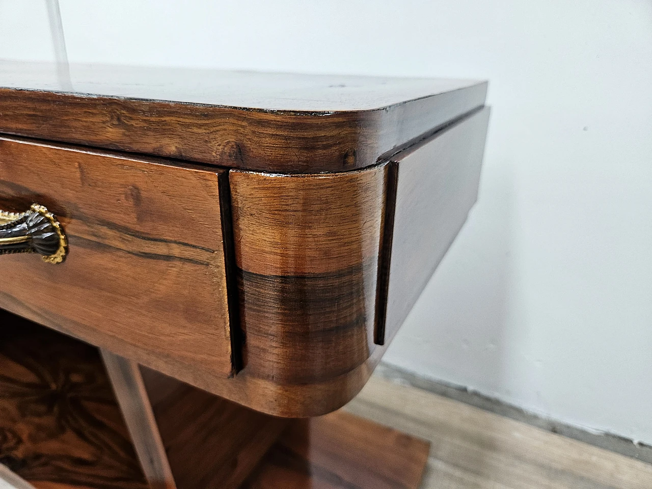 Art Deco briarwood console table with three drawers, 1930s 9