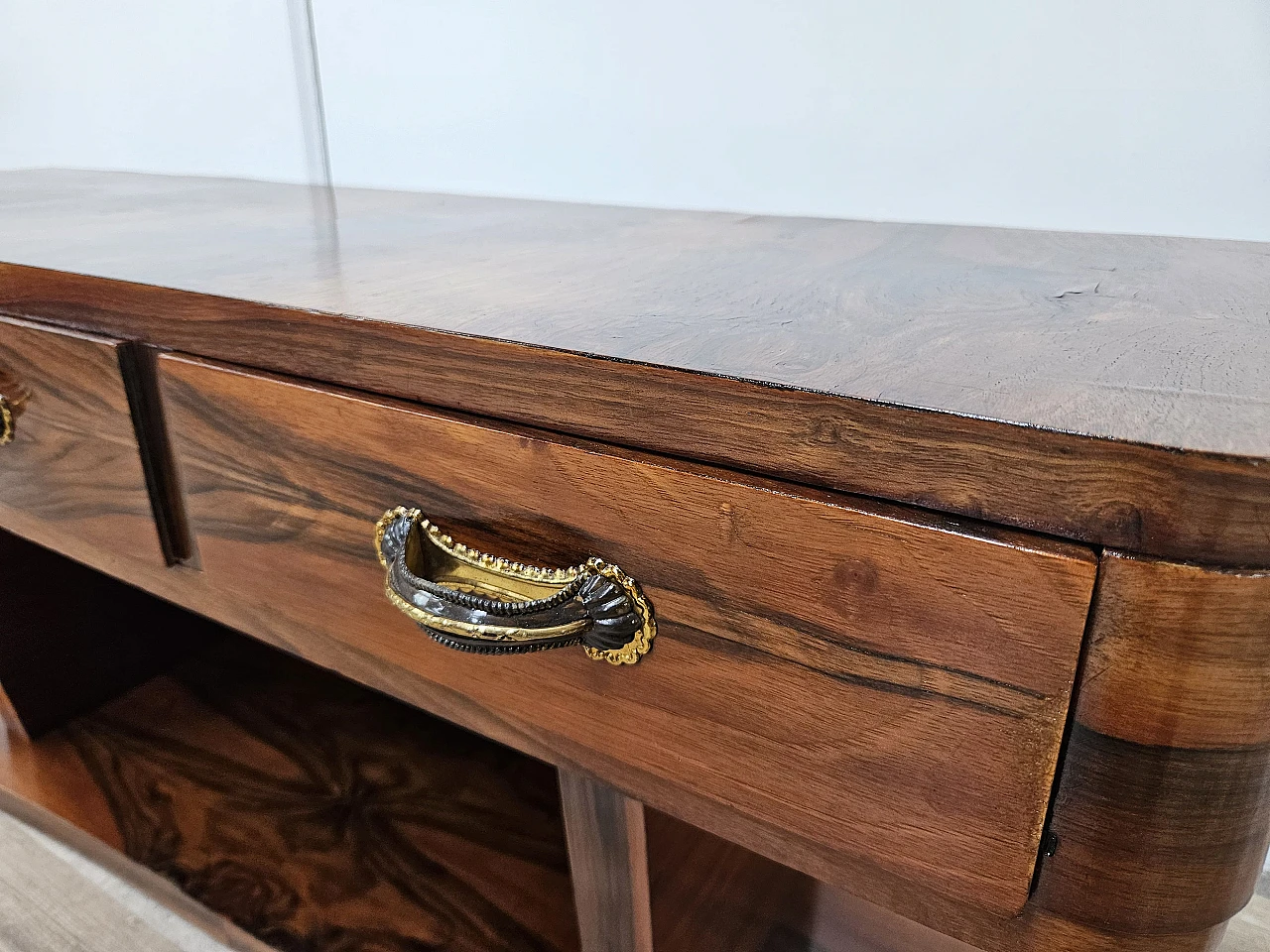 Art Deco briarwood console table with three drawers, 1930s 10