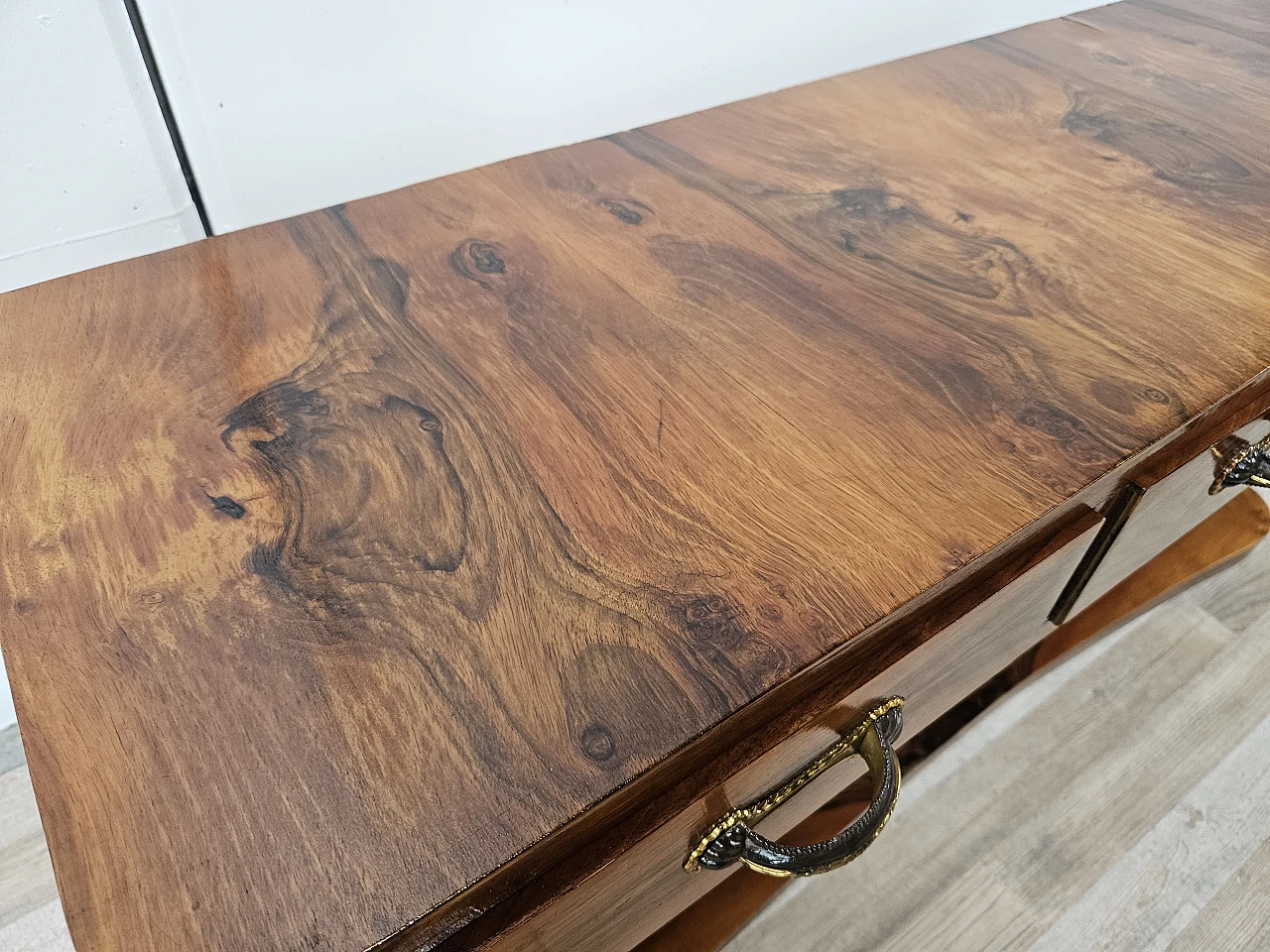 Art Deco briarwood console table with three drawers, 1930s 14