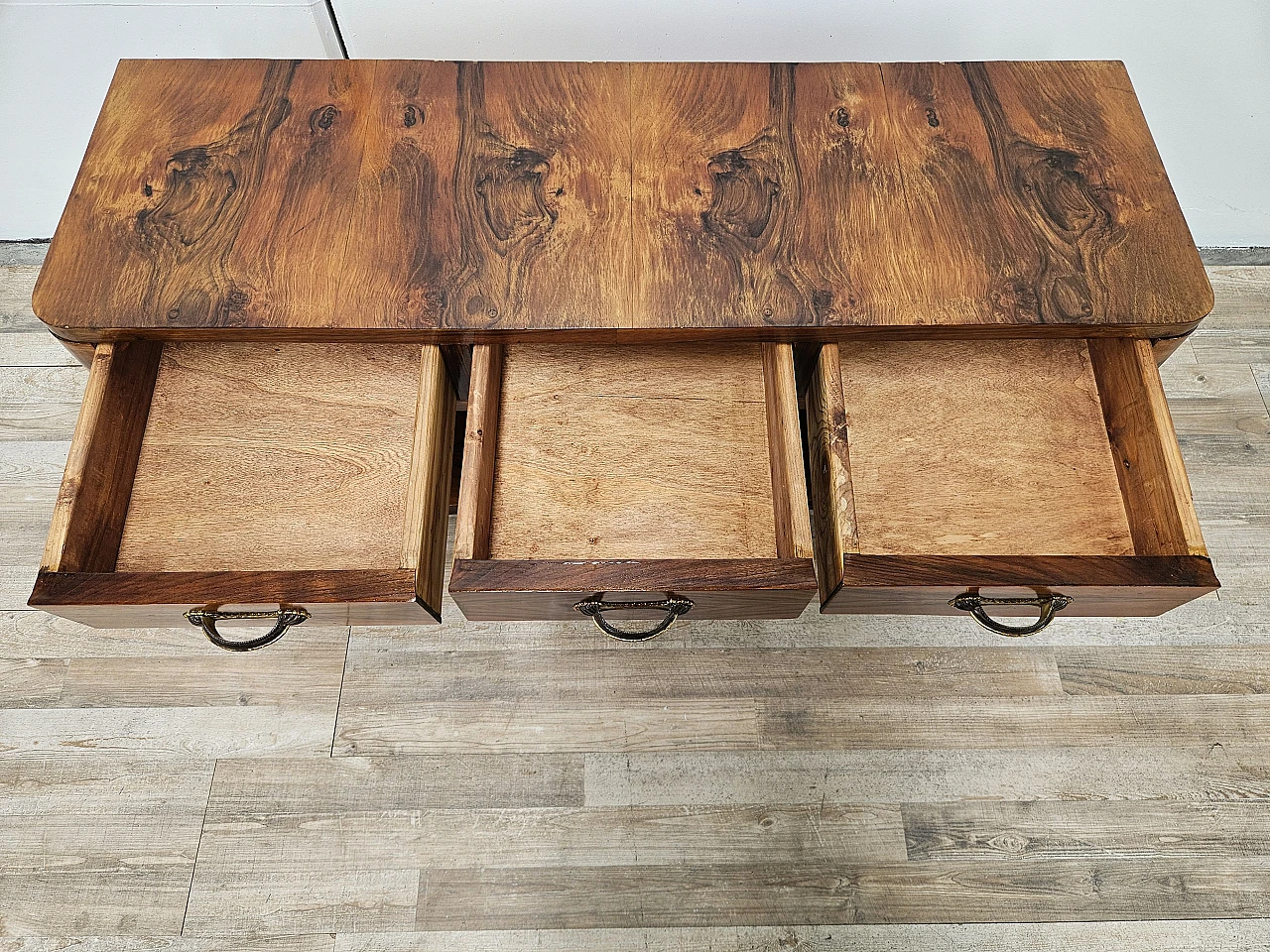 Art Deco briarwood console table with three drawers, 1930s 19