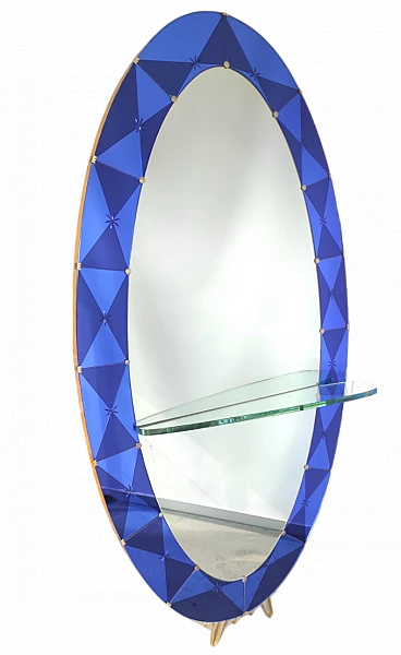 Oval brass and blue crystal mirror, 1950s