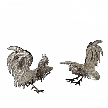 Pair of chased and engraved 925 silver roosters