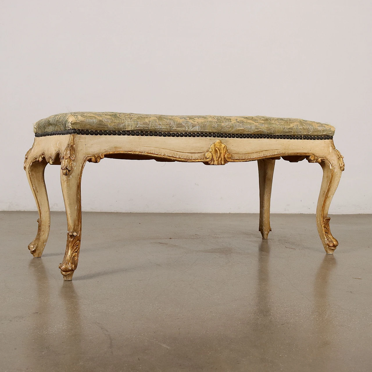 Carved bench with leaf motifs & brocade fabric seat, 19th century 8