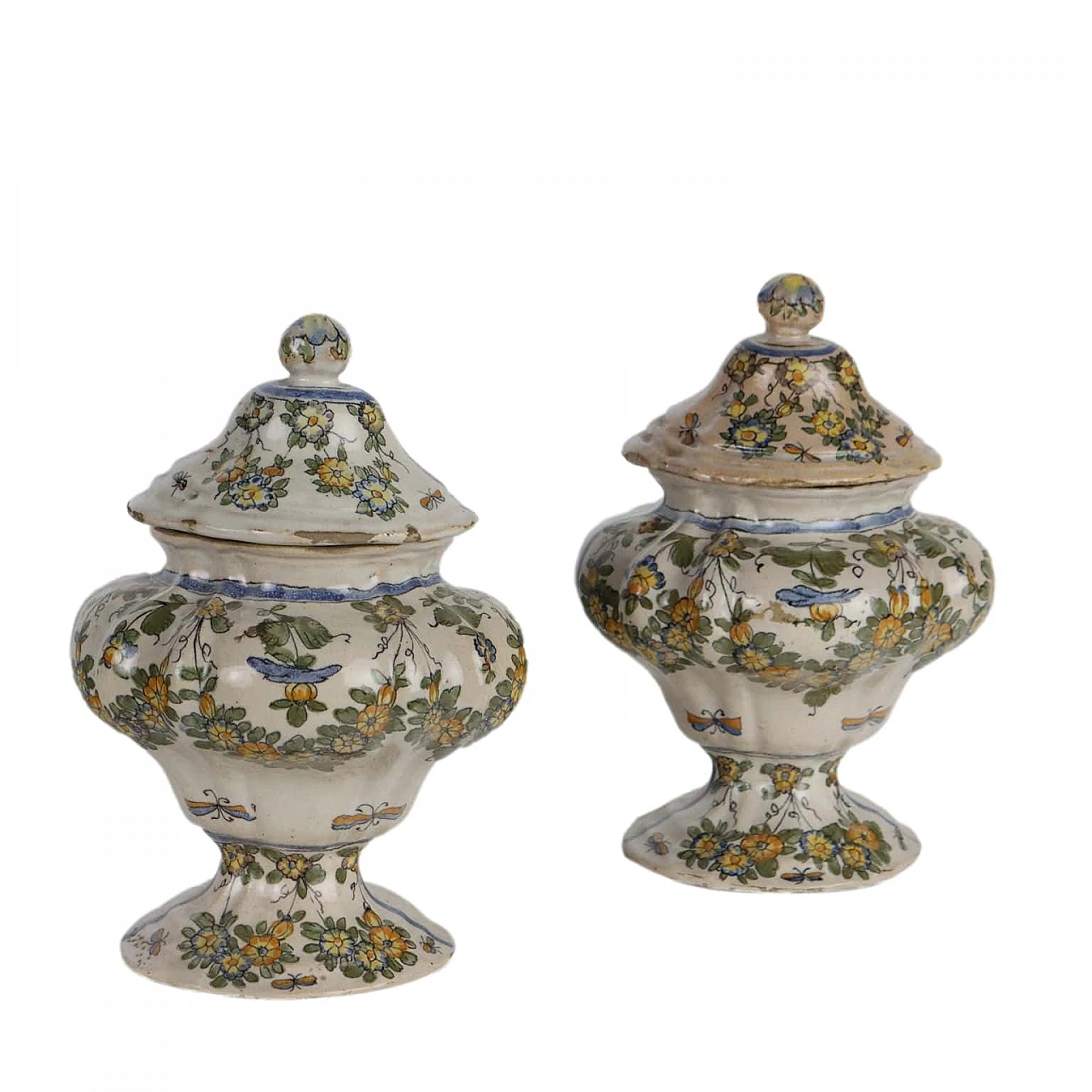 Pair of majolica apothecary vases with polychrome decoration 1