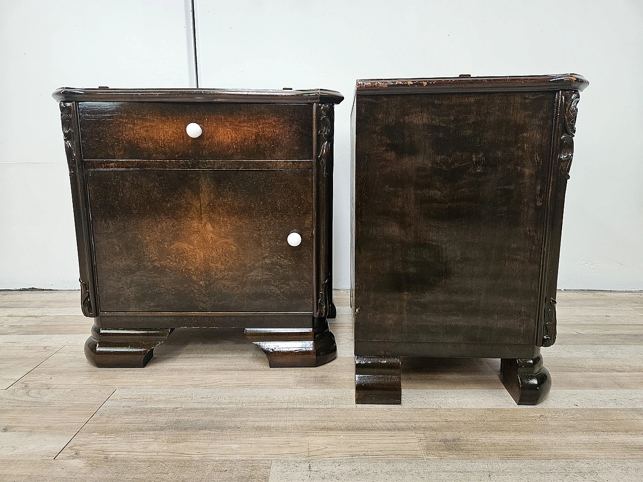 Pair of Art Deco walnut bedside tables, 1940s 3