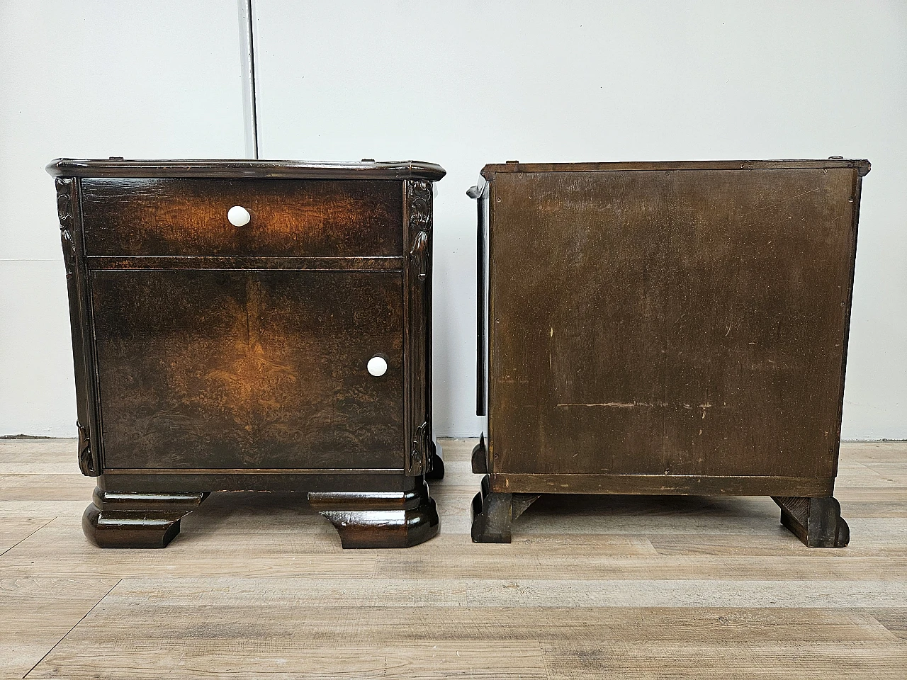 Pair of Art Deco walnut bedside tables, 1940s 4