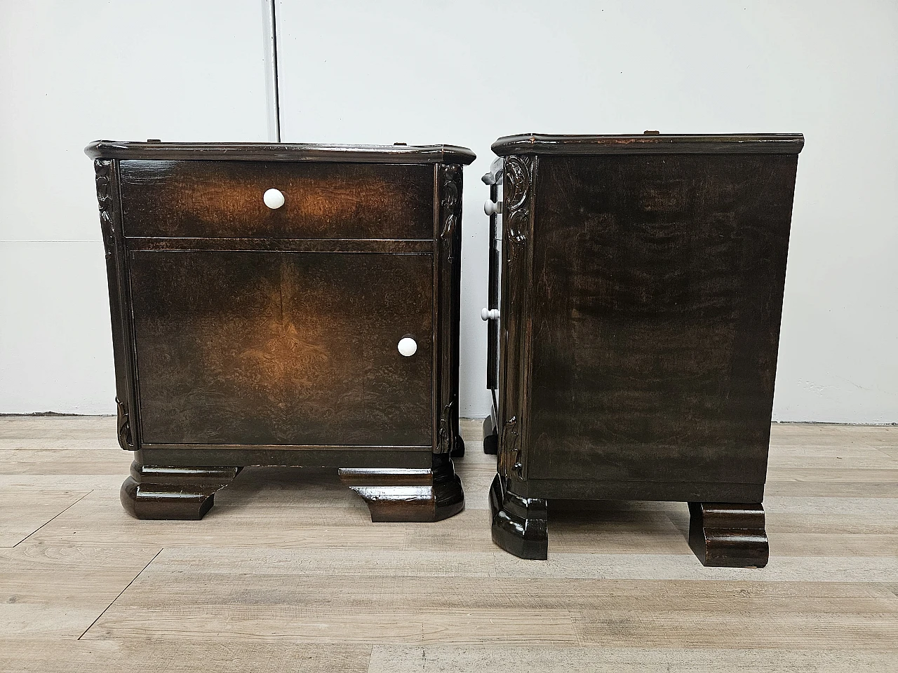 Pair of Art Deco walnut bedside tables, 1940s 5