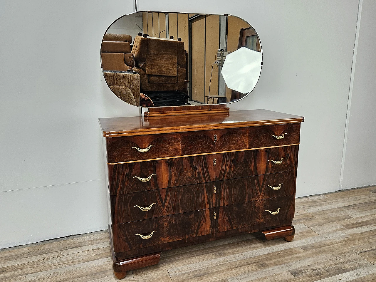 Art Deco walnut and maple dresser with mirror, 1940s 1