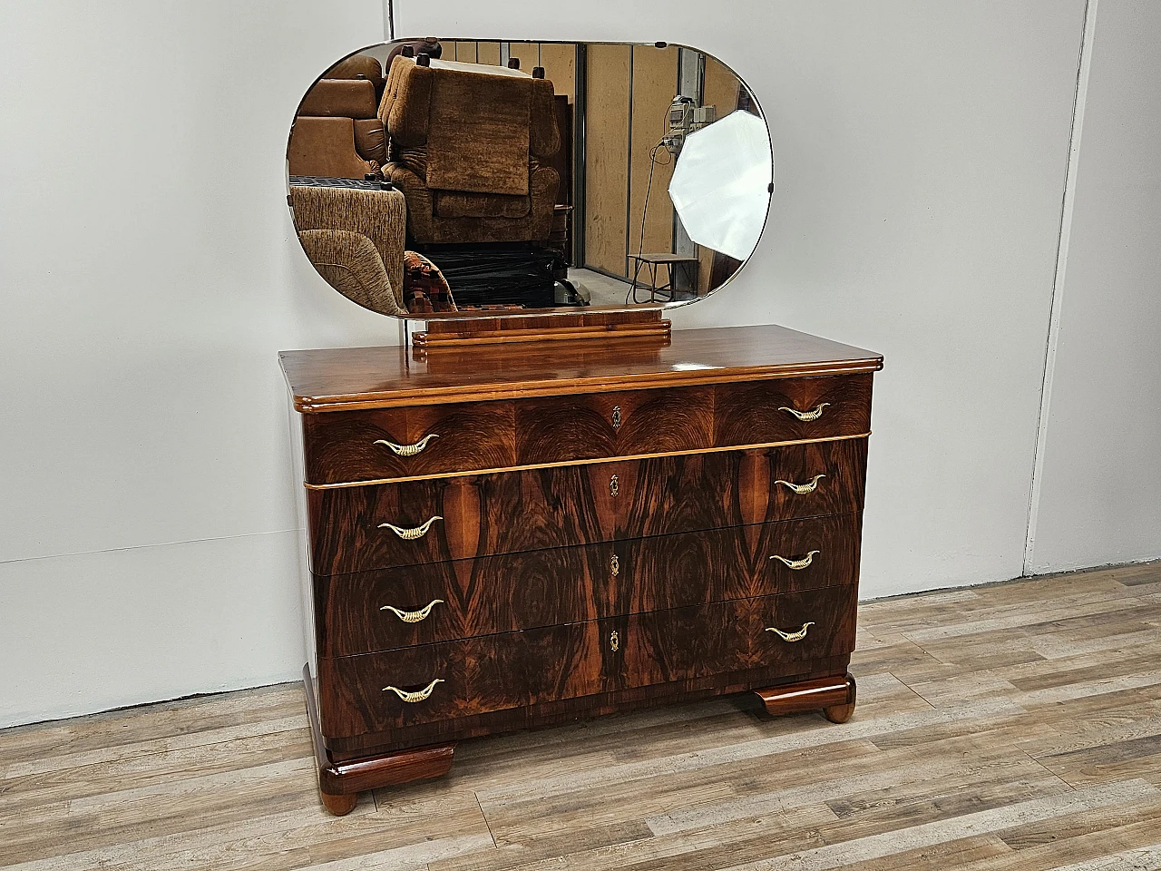 Art Deco walnut and maple dresser with mirror, 1940s 2