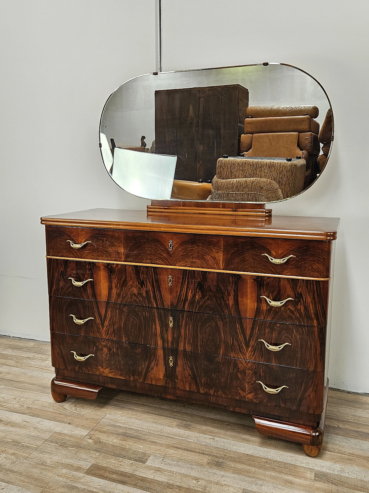 Art Deco walnut and maple dresser with mirror, 1940s 3