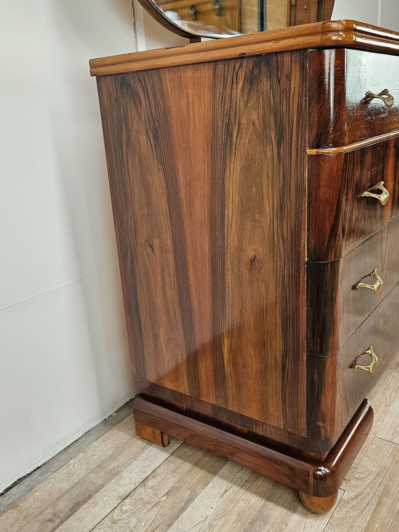 Art Deco walnut and maple dresser with mirror, 1940s 13