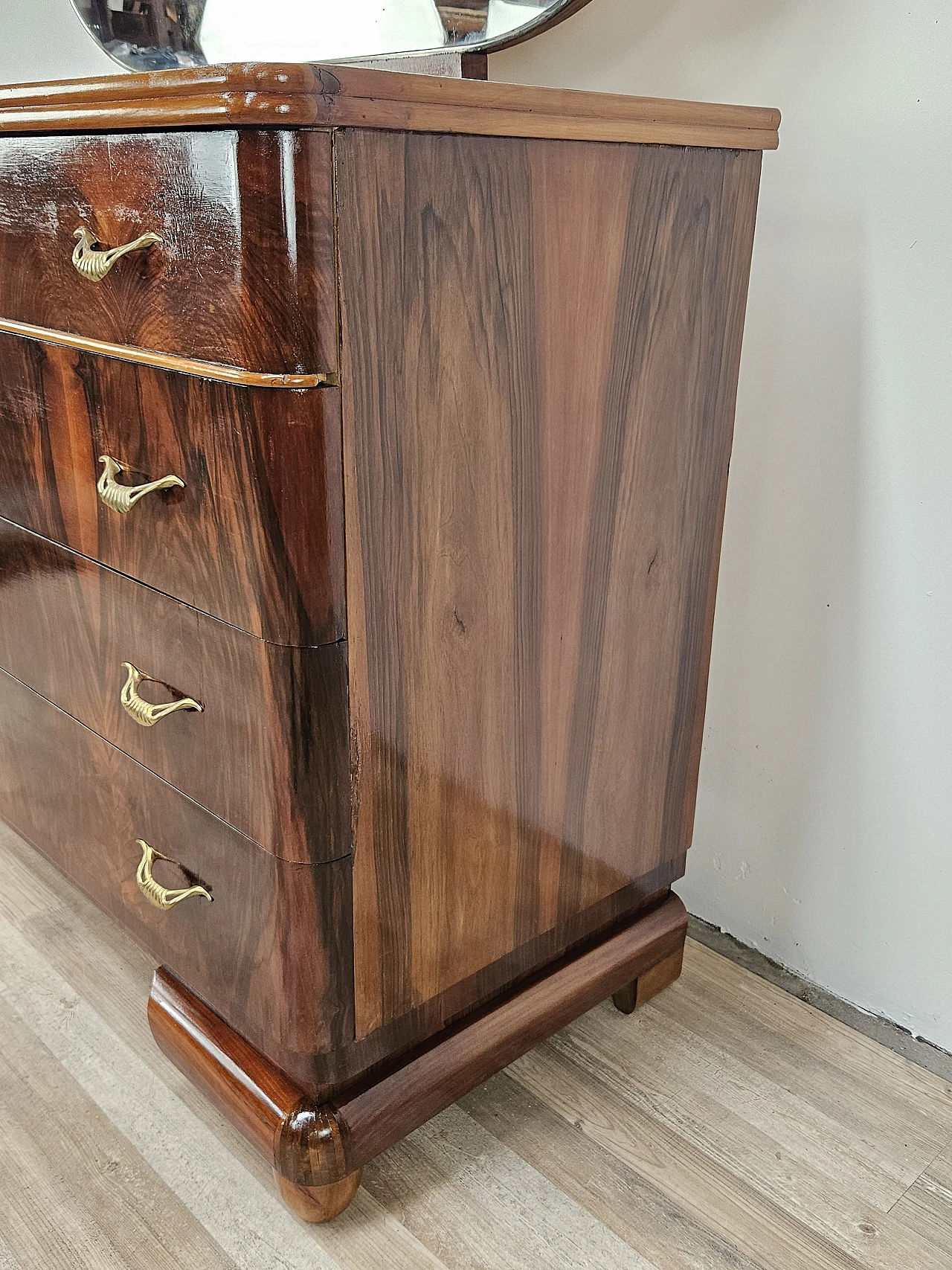 Art Deco walnut and maple dresser with mirror, 1940s 14