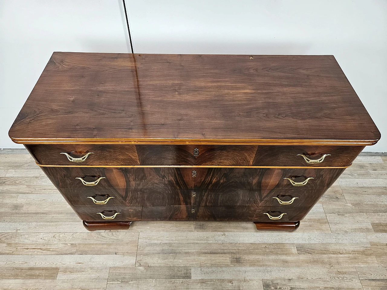 Art Deco walnut and maple dresser with mirror, 1940s 15