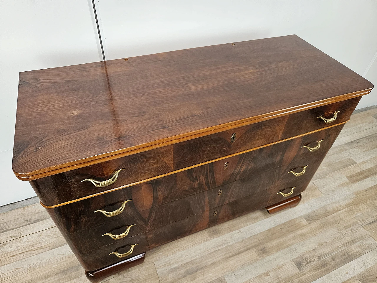 Art Deco walnut and maple dresser with mirror, 1940s 18