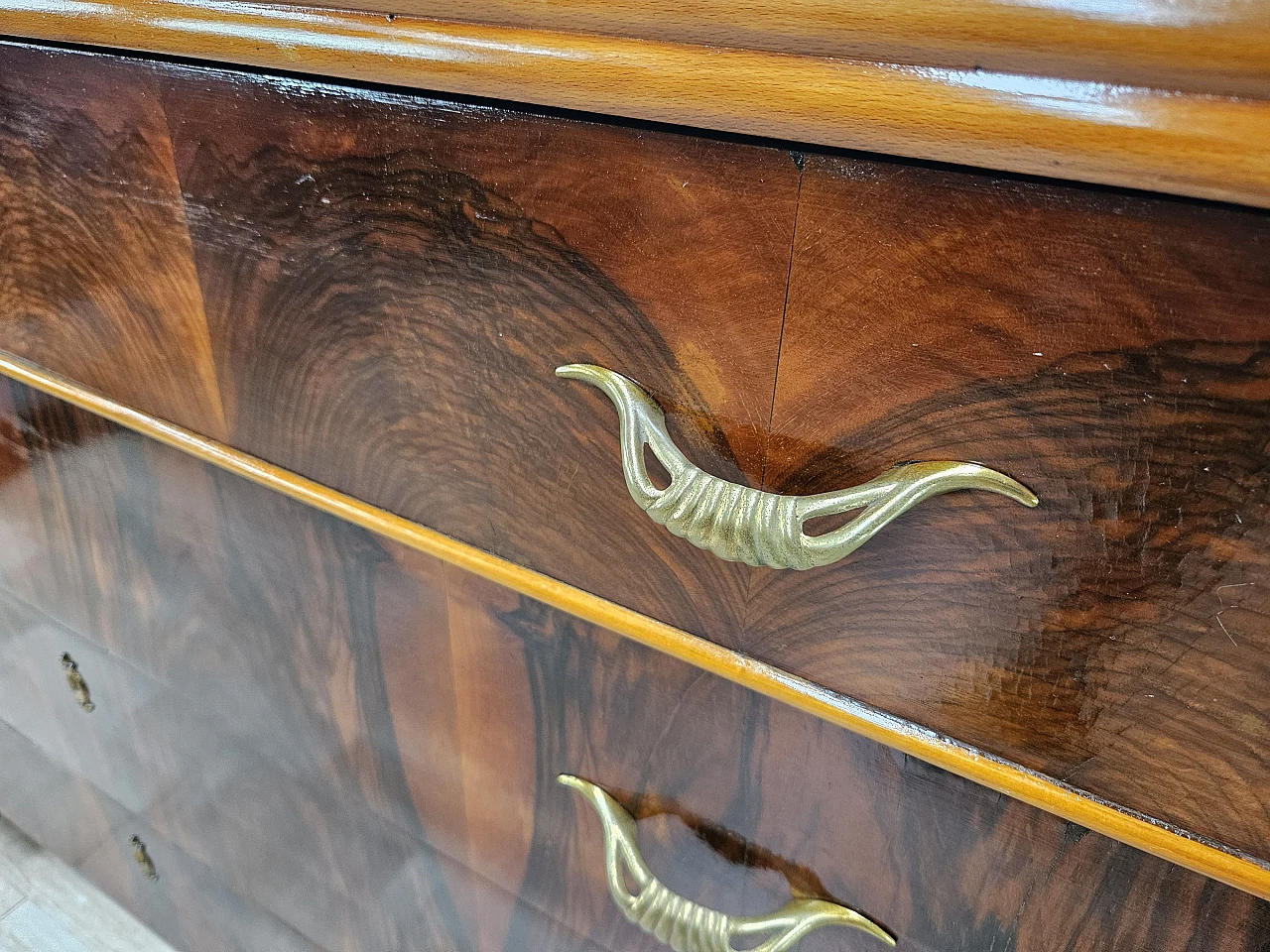 Art Deco walnut and maple dresser with mirror, 1940s 24