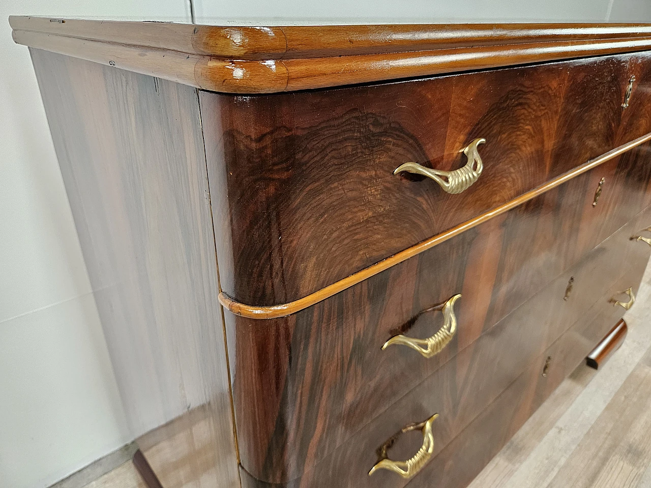 Art Deco walnut and maple dresser with mirror, 1940s 26