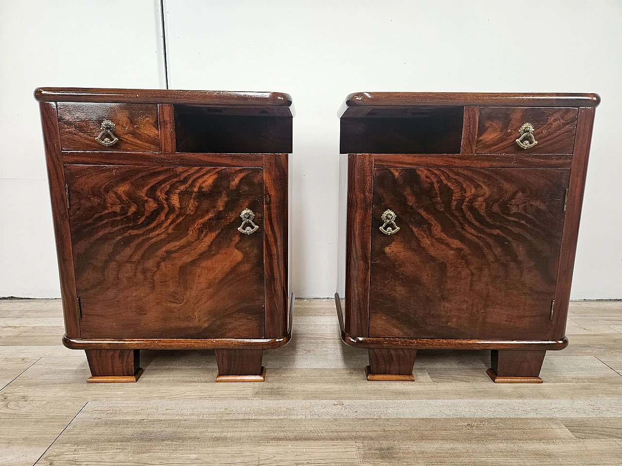 Pair of Art Deco bedside tables in briar with drawer 1