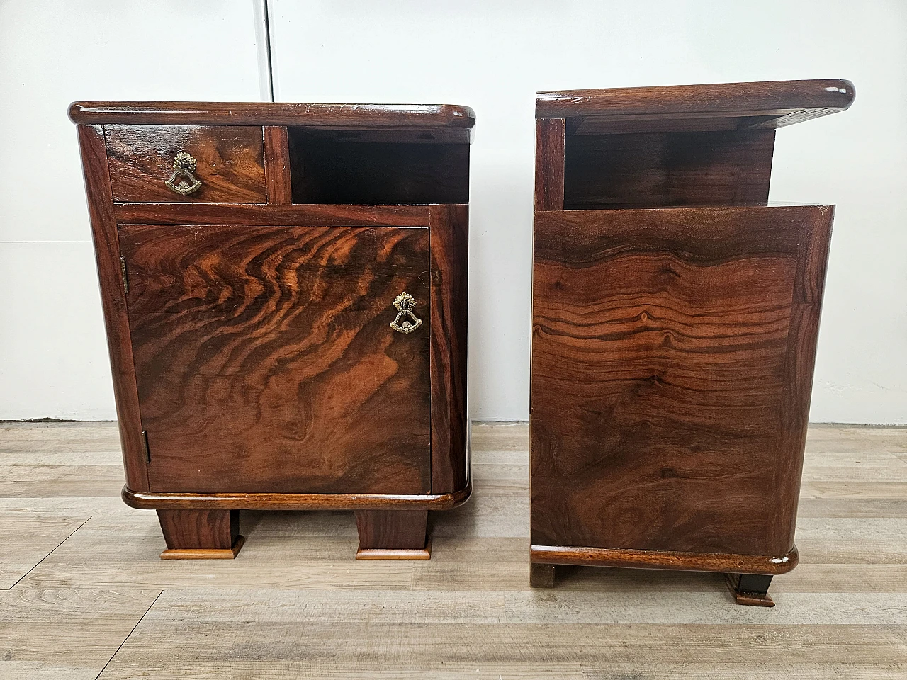 Pair of Art Deco bedside tables in briar with drawer 3