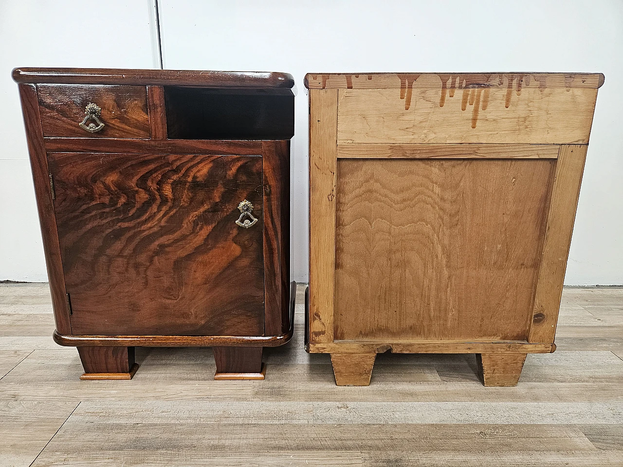 Pair of Art Deco bedside tables in briar with drawer 4