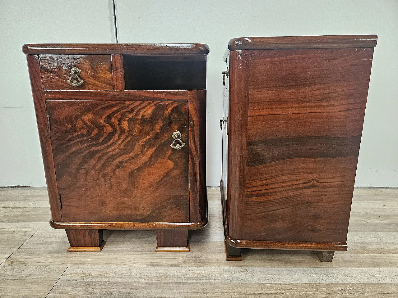 Pair of Art Deco bedside tables in briar with drawer 5