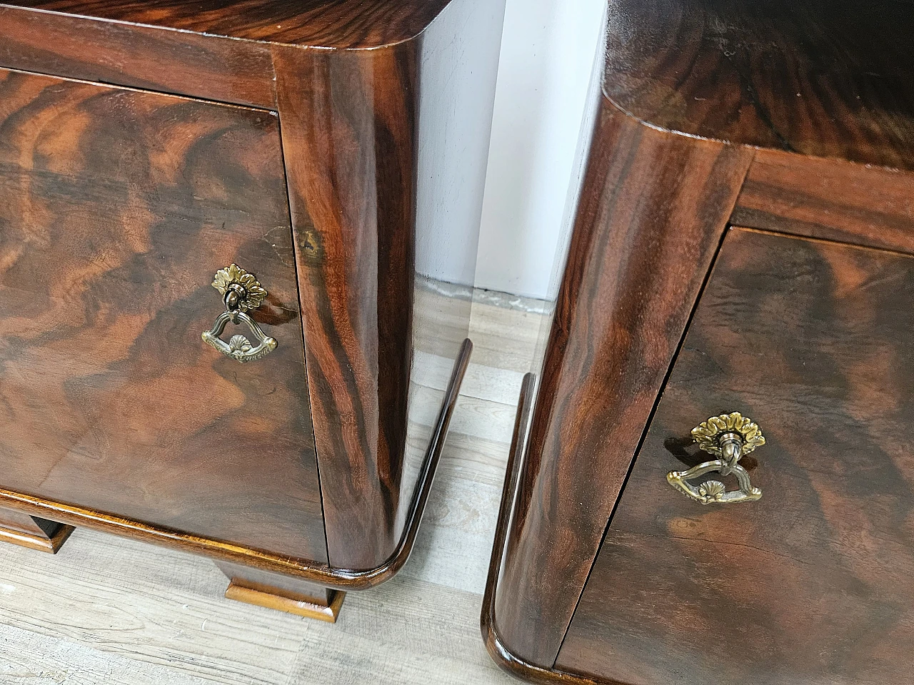 Pair of Art Deco bedside tables in briar with drawer 19