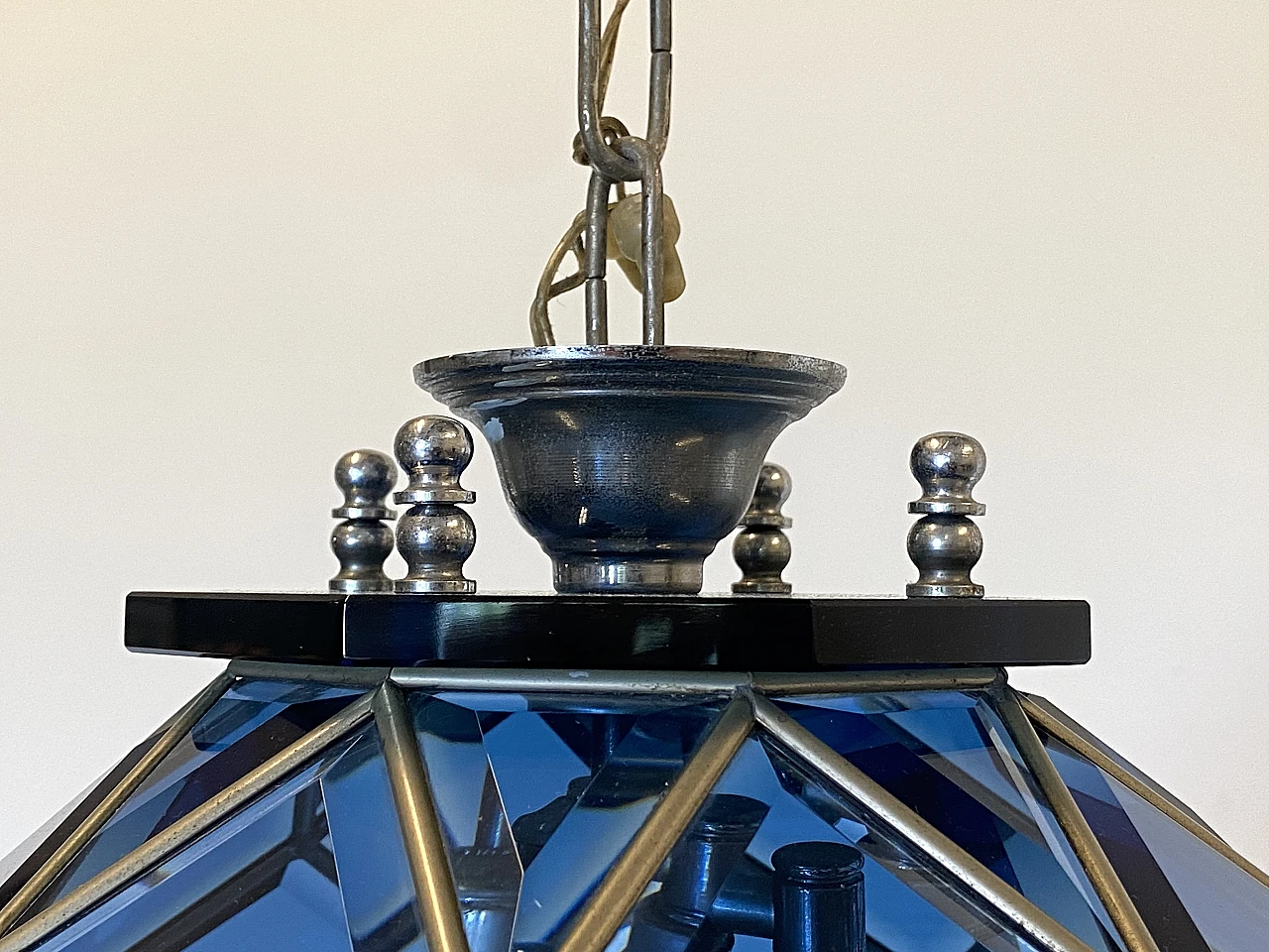 Blue lantern in metal and blue cut glass, 1970s 1