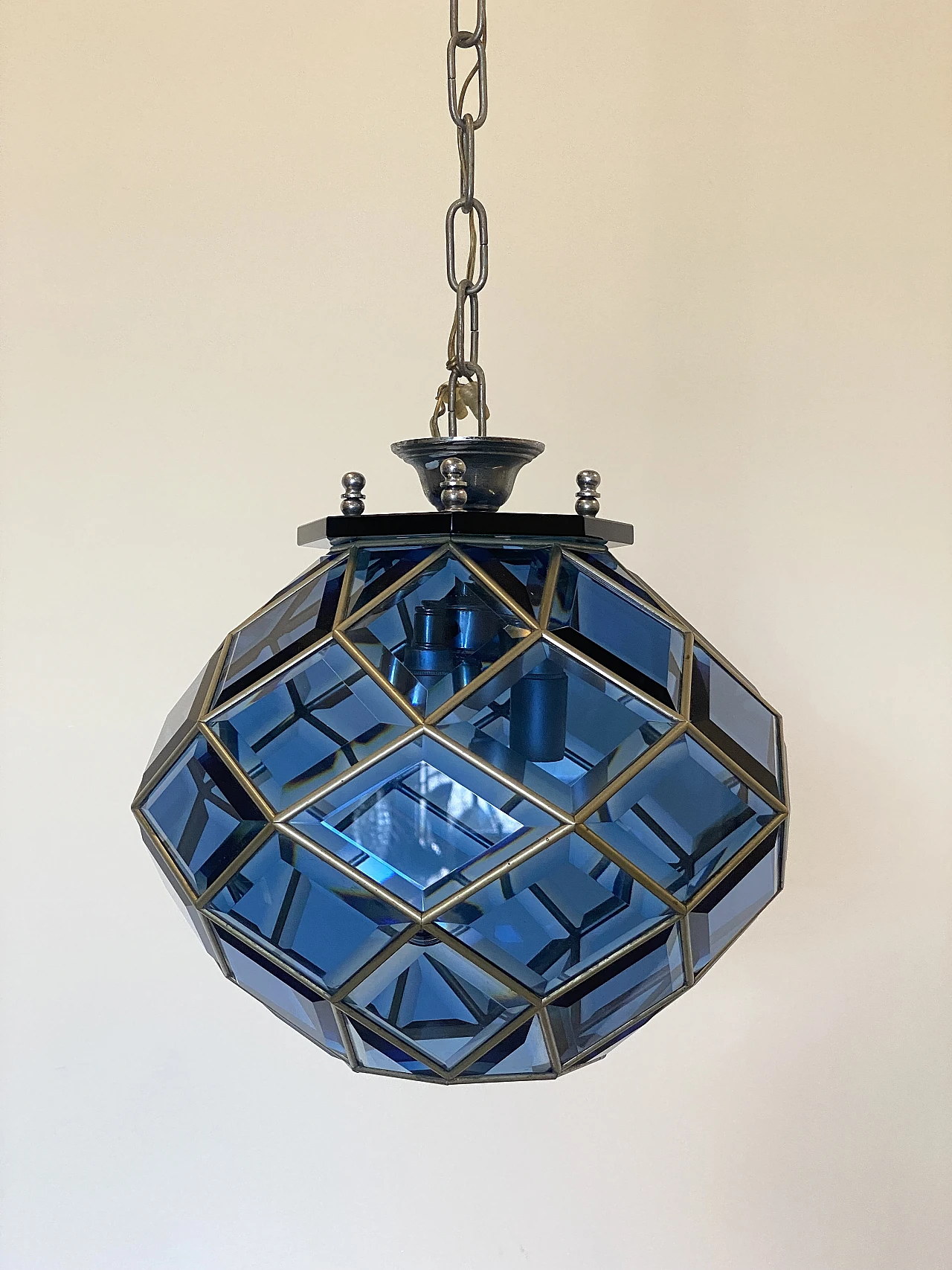 Blue lantern in metal and blue cut glass, 1970s 2