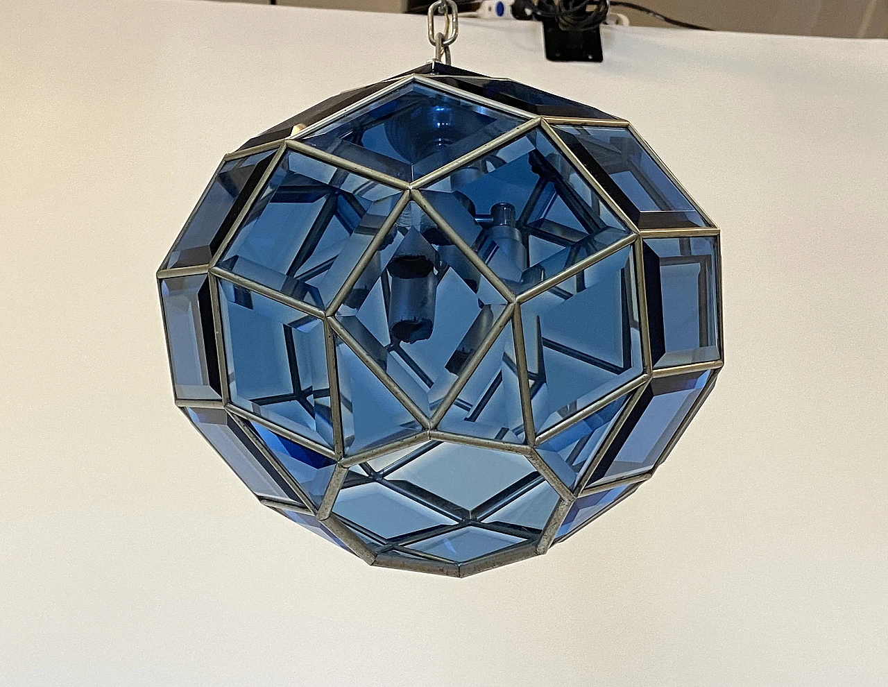 Blue lantern in metal and blue cut glass, 1970s 4