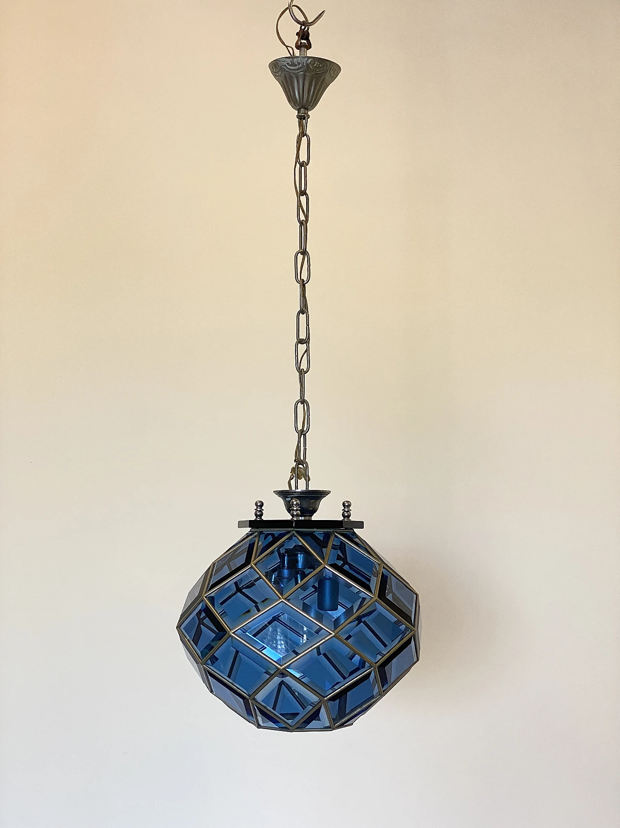 Blue lantern in metal and blue cut glass, 1970s 5