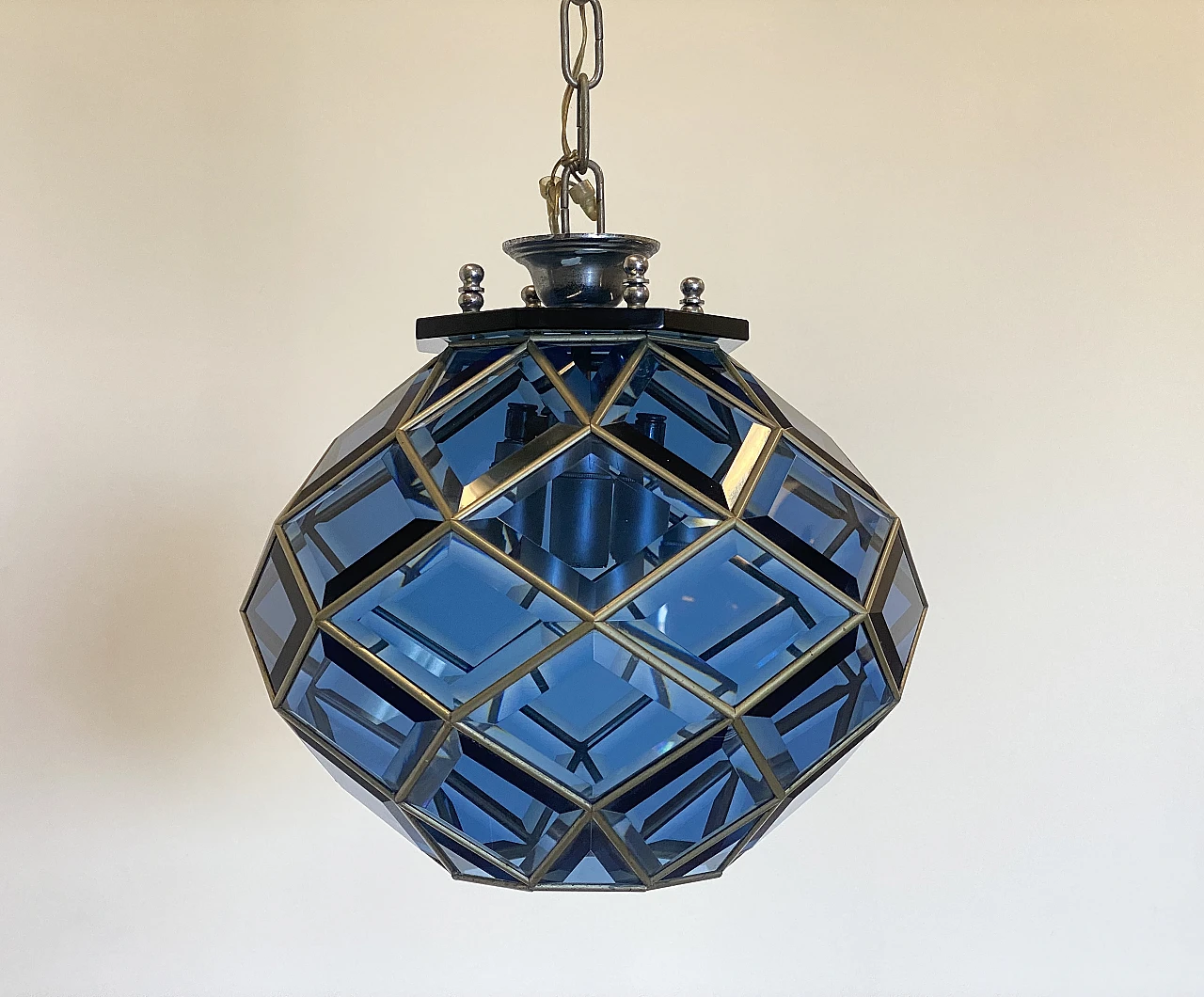 Blue lantern in metal and blue cut glass, 1970s 6