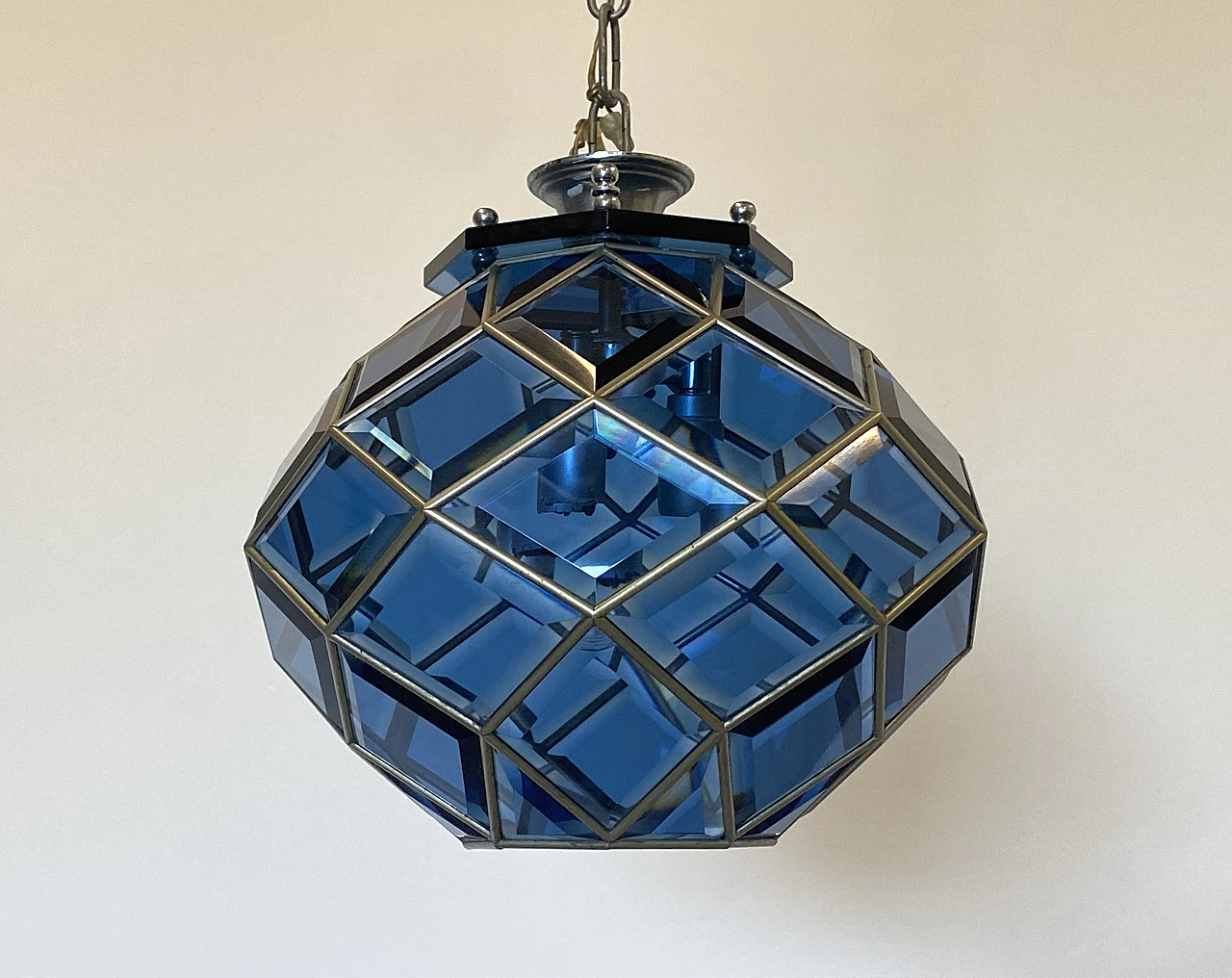 Blue lantern in metal and blue cut glass, 1970s 9