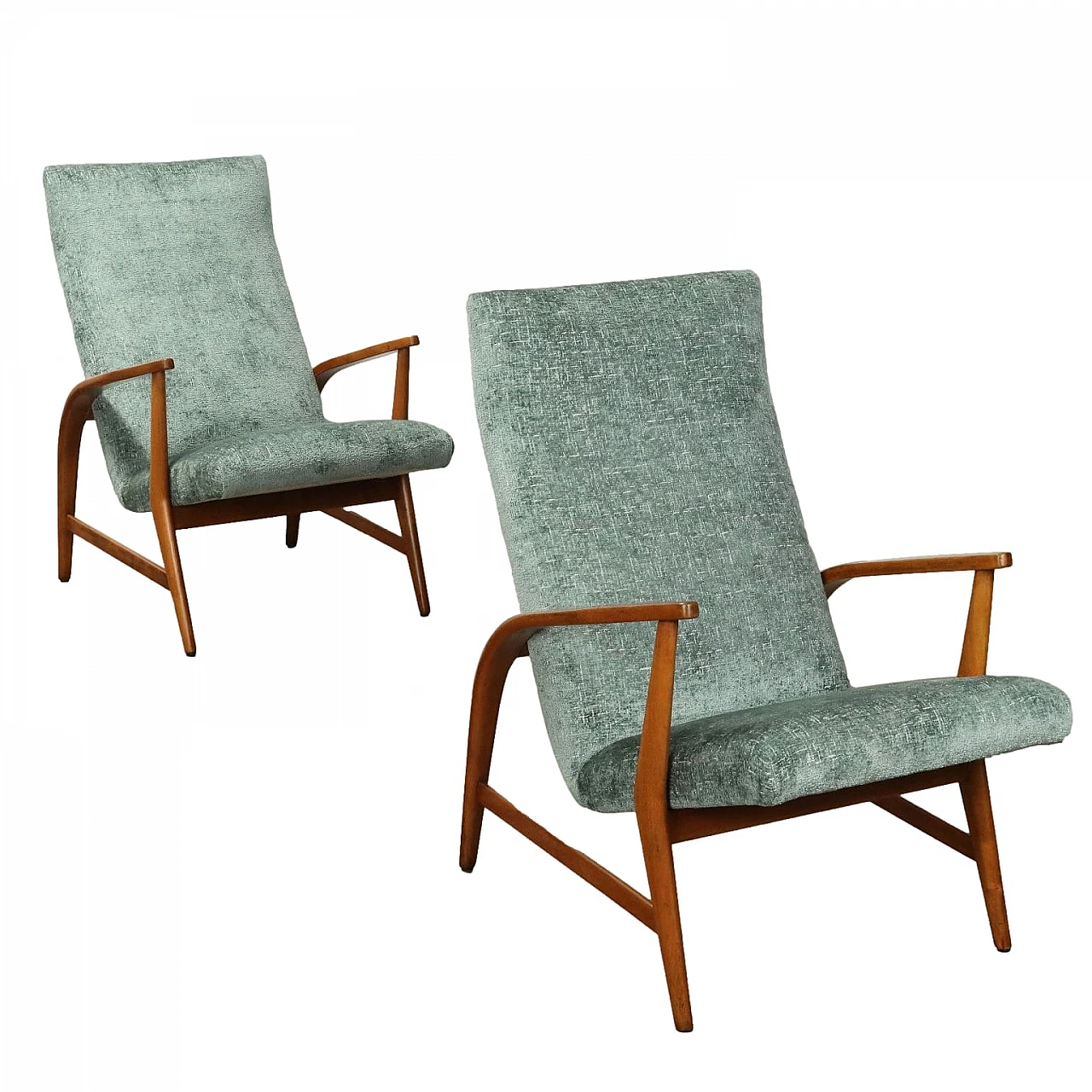 Pair of stained beech and velvet armchairs, 1950s 1