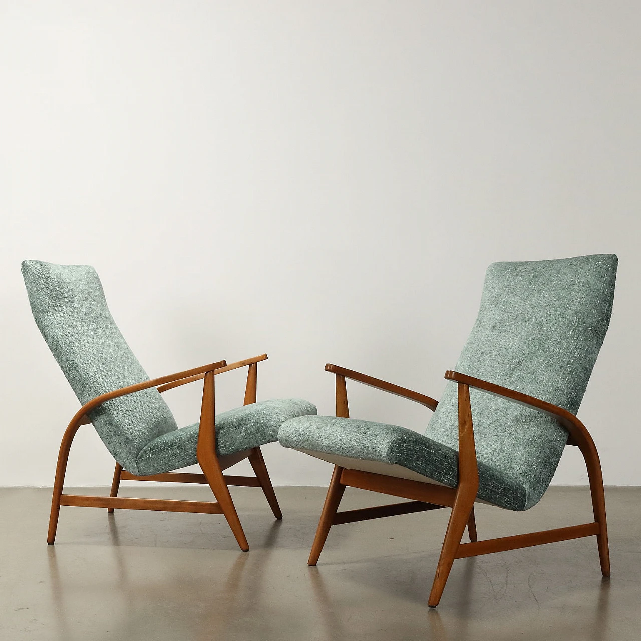 Pair of stained beech and velvet armchairs, 1950s 3