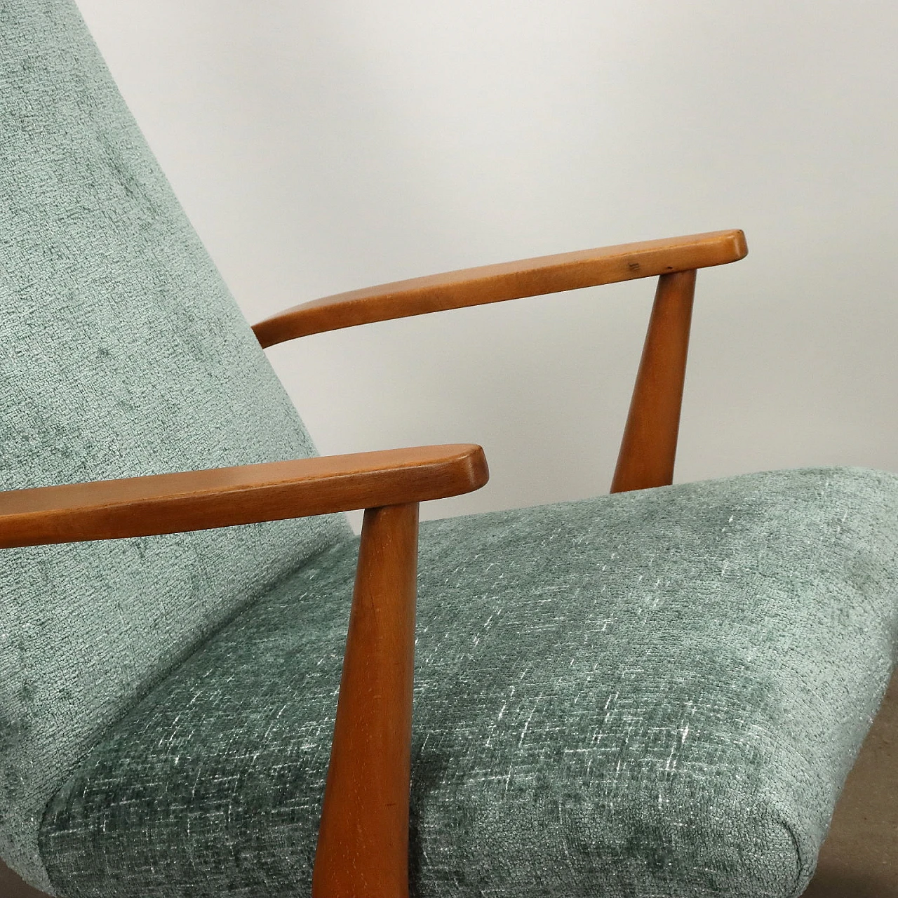 Pair of stained beech and velvet armchairs, 1950s 5