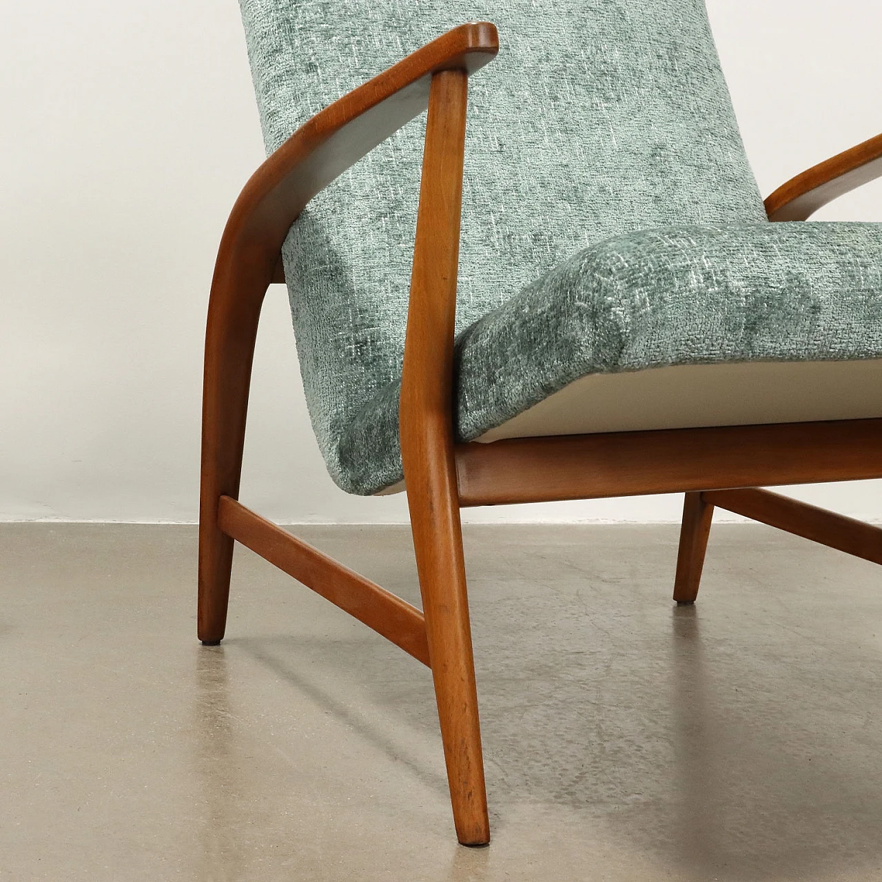 Pair of stained beech and velvet armchairs, 1950s 6