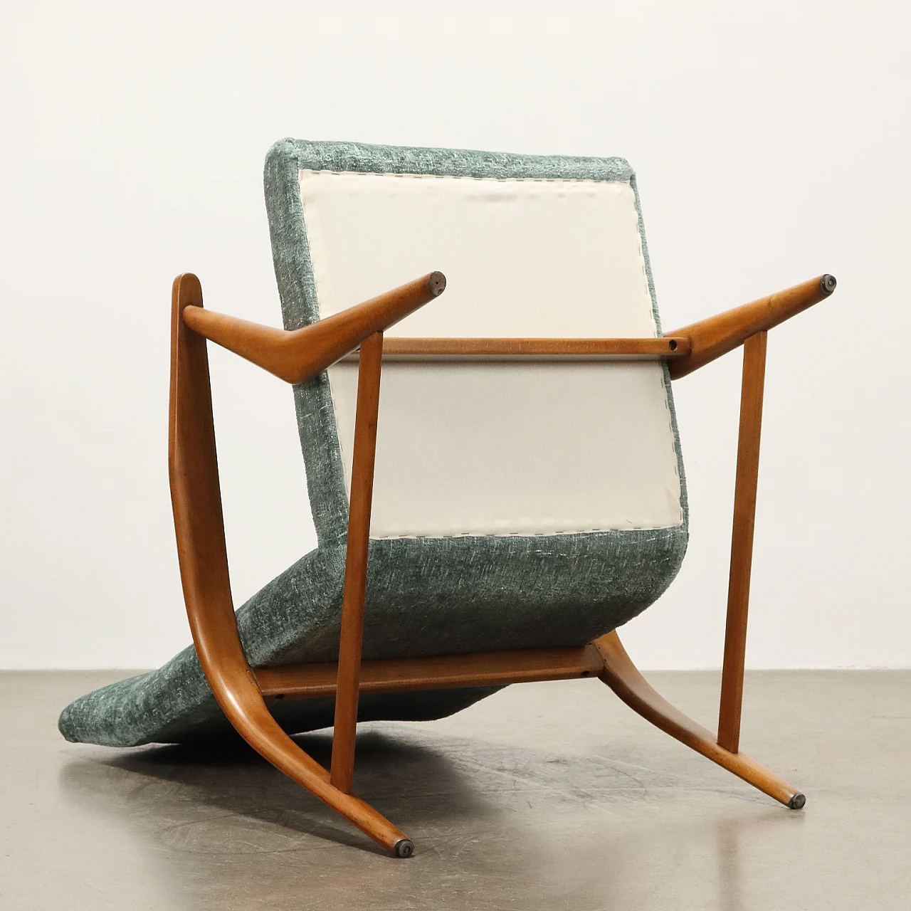 Pair of stained beech and velvet armchairs, 1950s 9