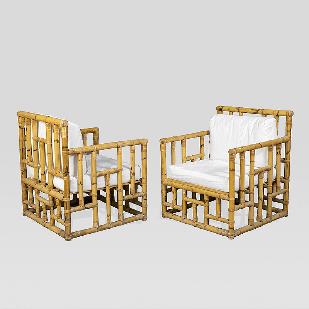 Pair of bamboo and rattan armchairs 1