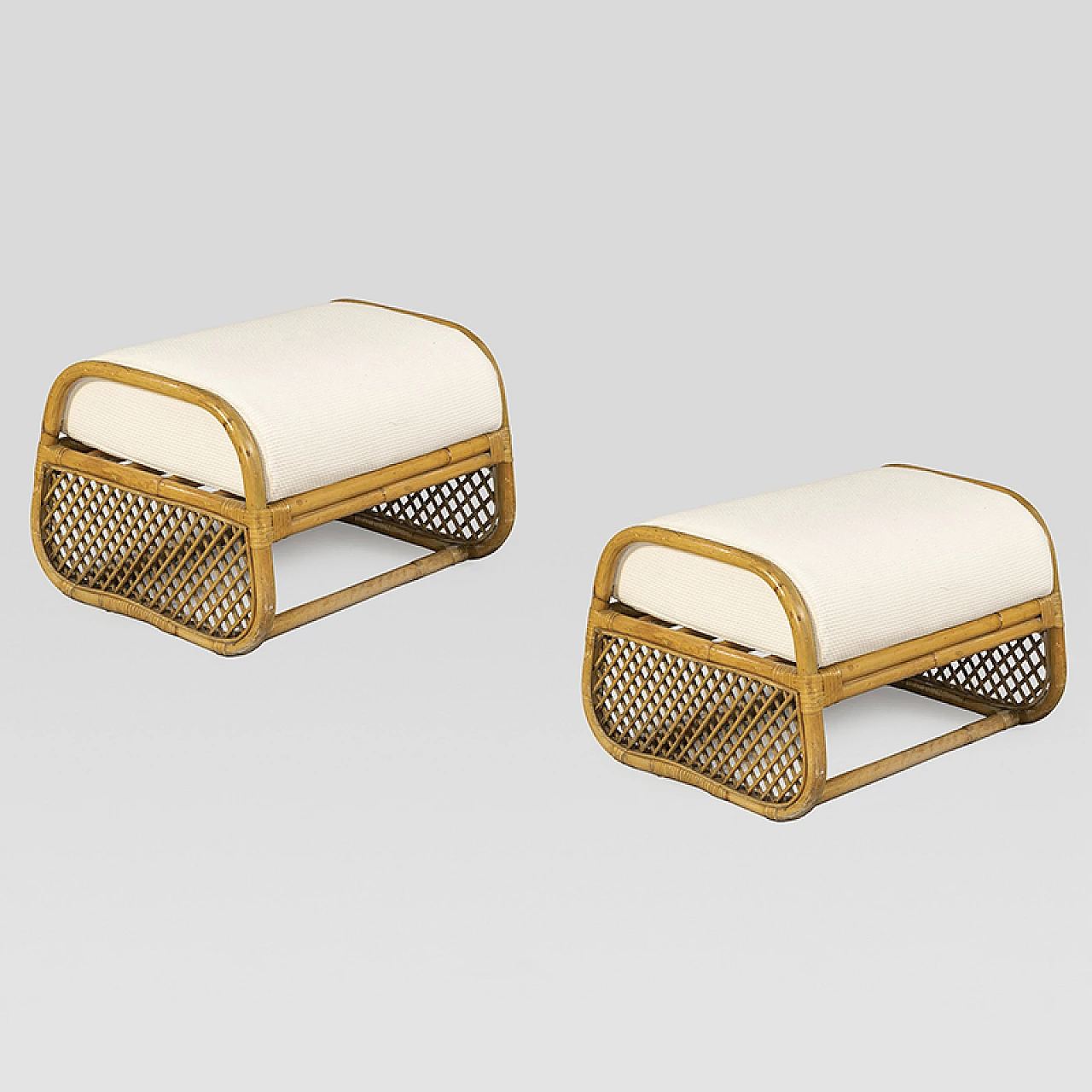 Pair of bamboo and rattan stools with fabric seat, 1980s 1