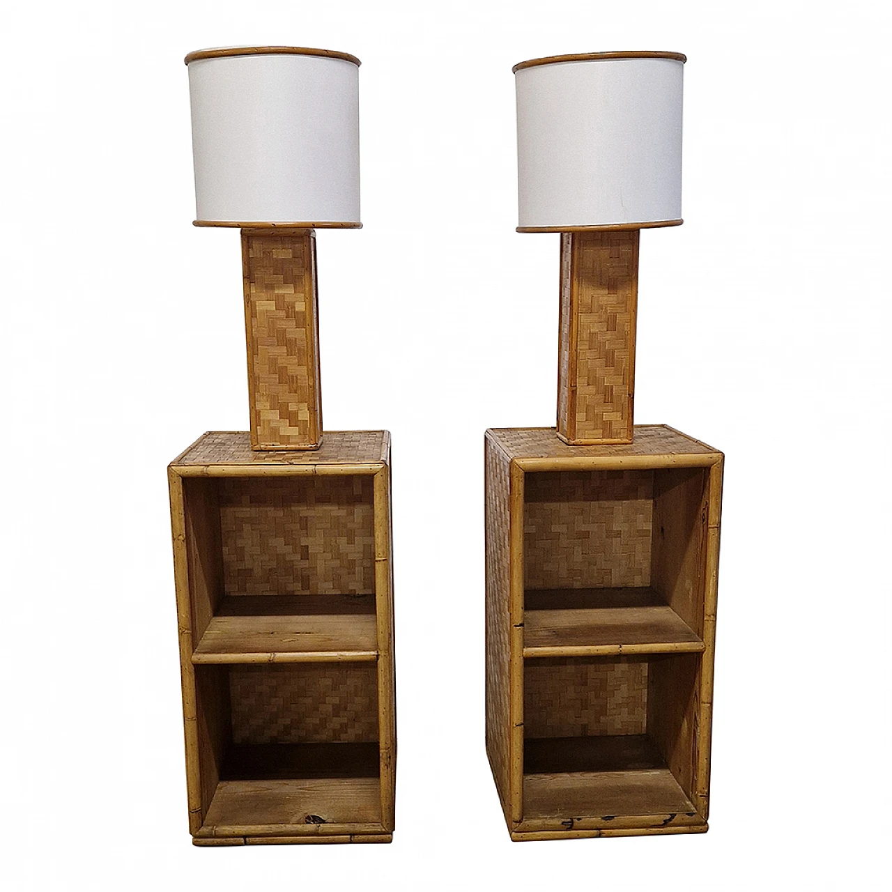 Pair of bamboo and rattan bedside tables 1