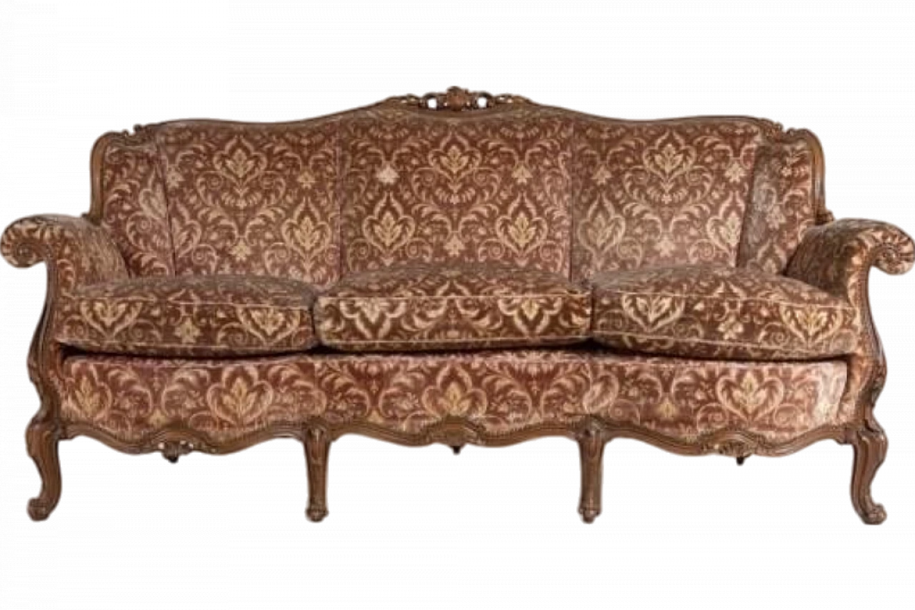 Italian Modern Carved Walnut and Velvet Sofa, 1950s 10