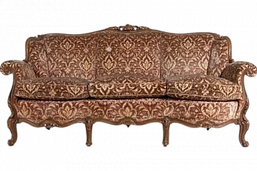 Italian Modern Carved Walnut and Velvet Sofa, 1950s