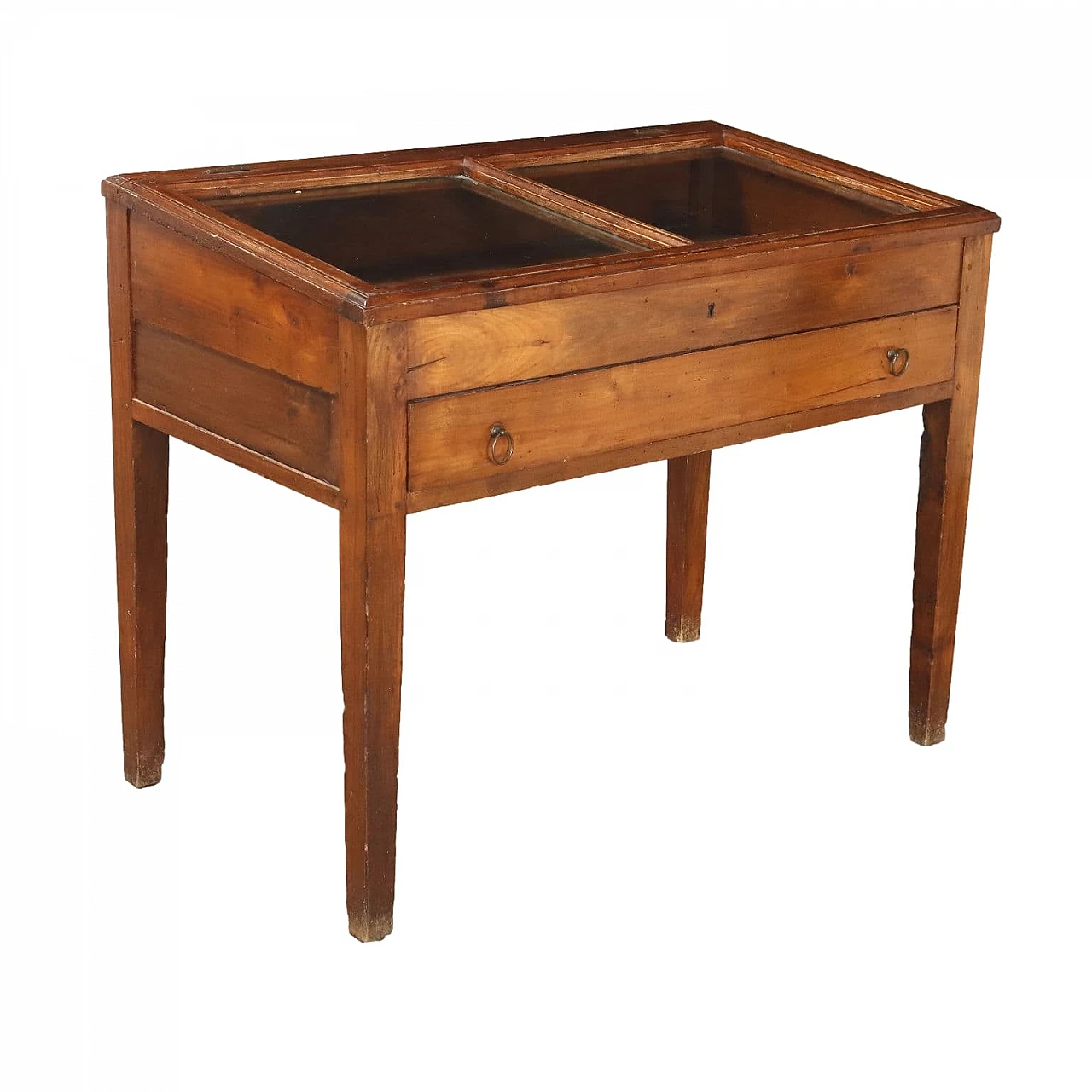 Stained poplar table with drawer and glass case, 19th century 1