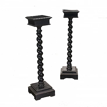 Pair of ebonized wood vase holder columns, late 19th century