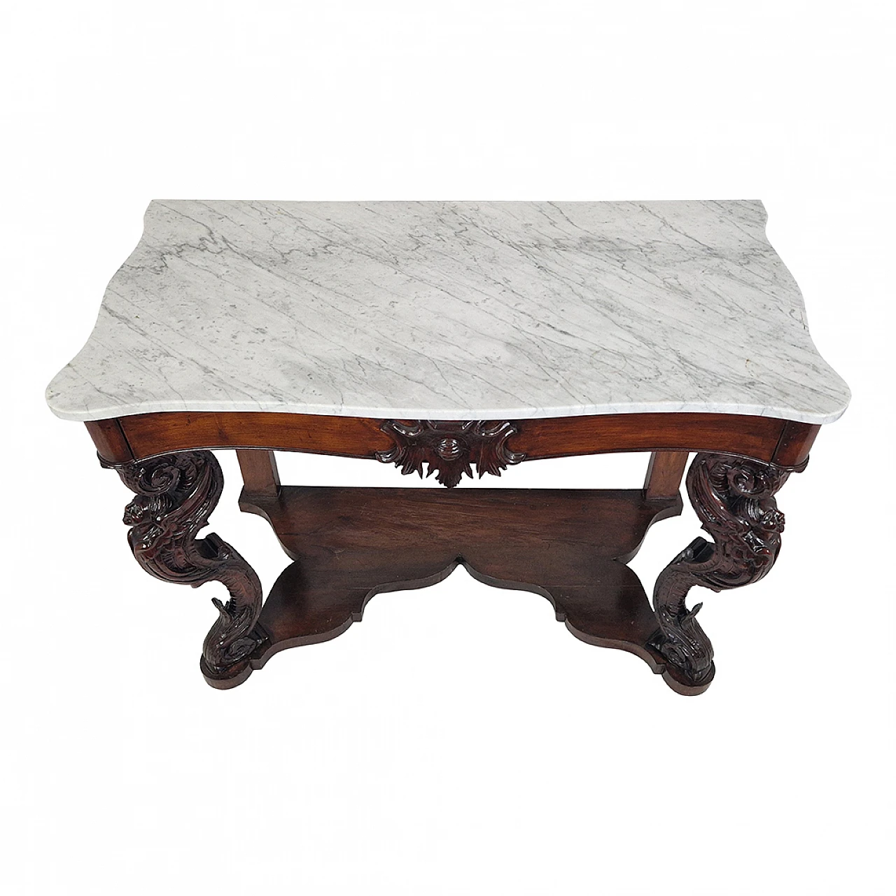 Carved Louis Philippe console in wood and marble, 19th century 1