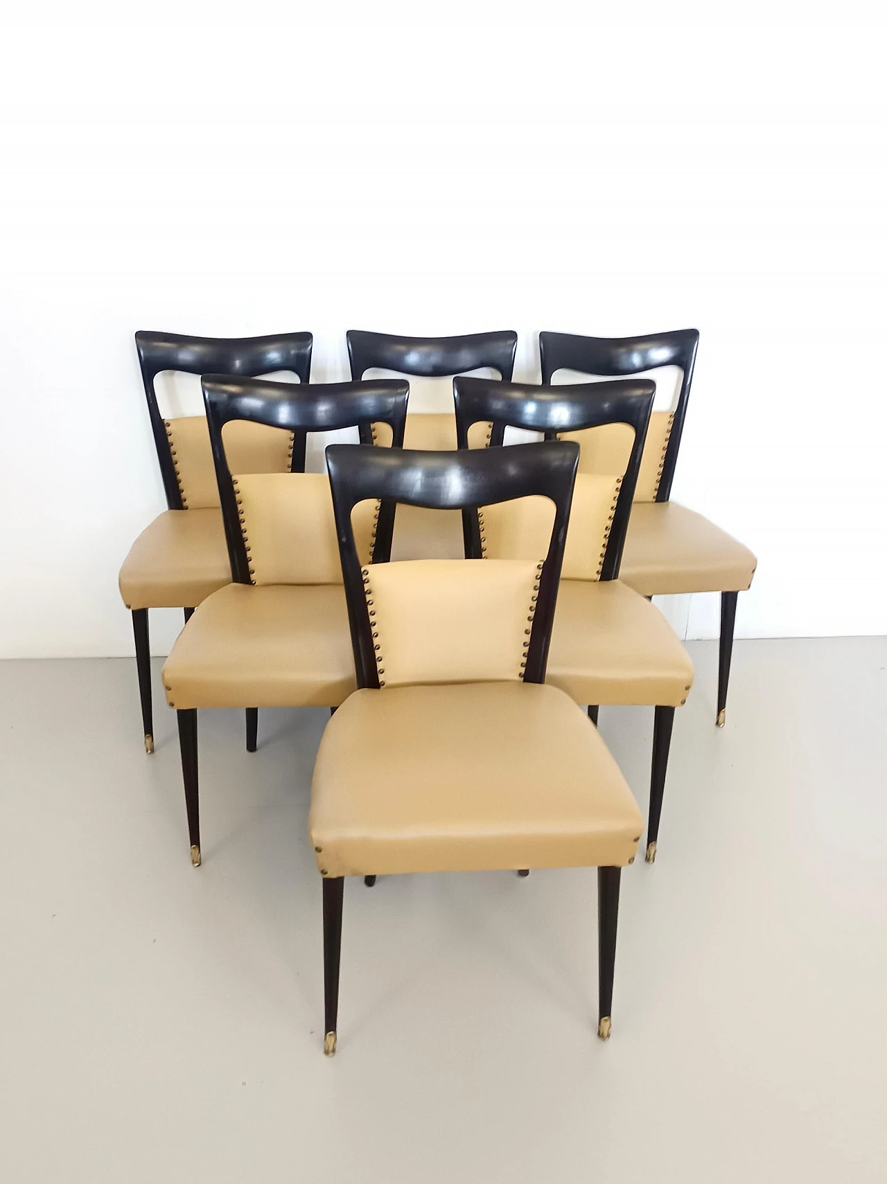 6 Beige skai dining chairs by Melchiorre Bega, 1950s 3