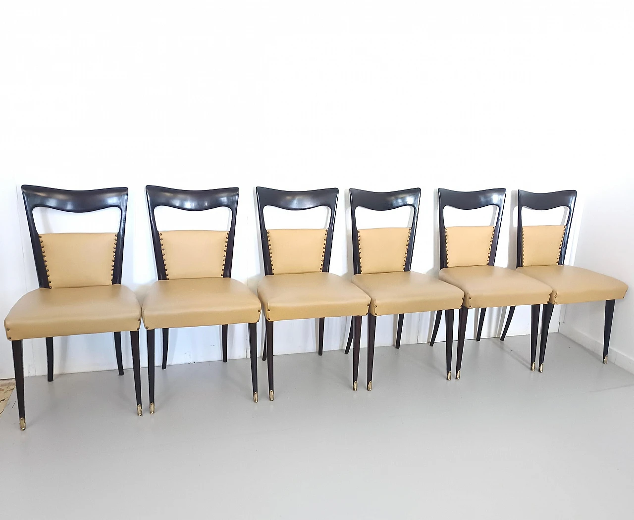 6 Beige skai dining chairs by Melchiorre Bega, 1950s 4